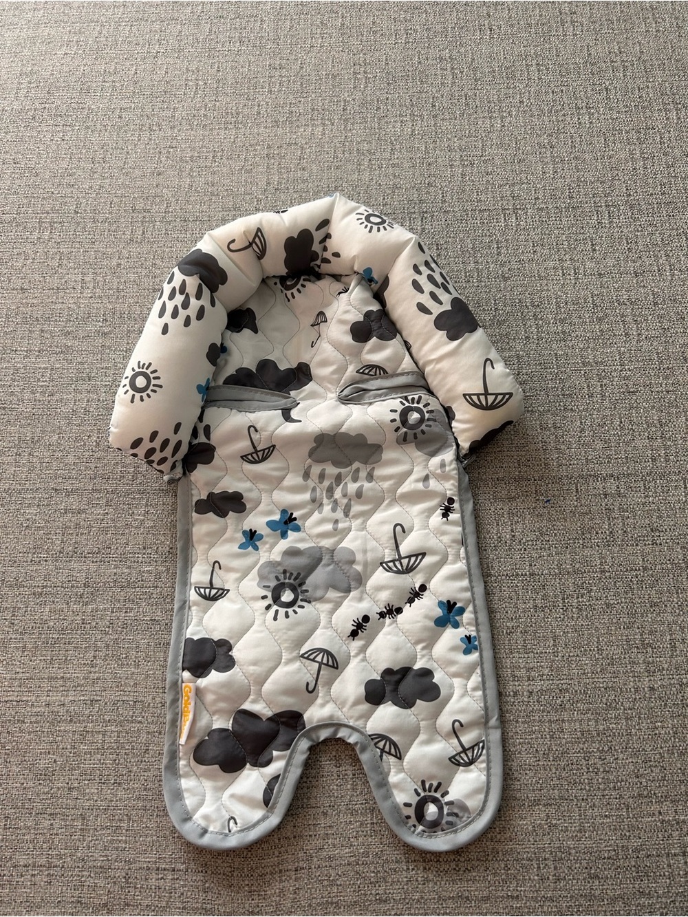Gold Bug Quilted Hooded Baby One-Piece in Gray and Blue Car Seat/Carrier  Insert
